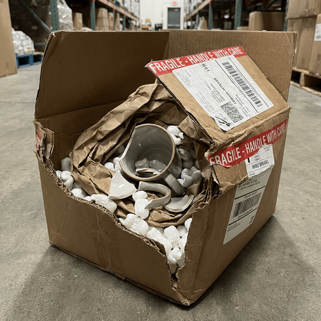 Broken ceramic pitcher in a crushed box with FRAGILE - HANDLE WITH CARE shipping tape.