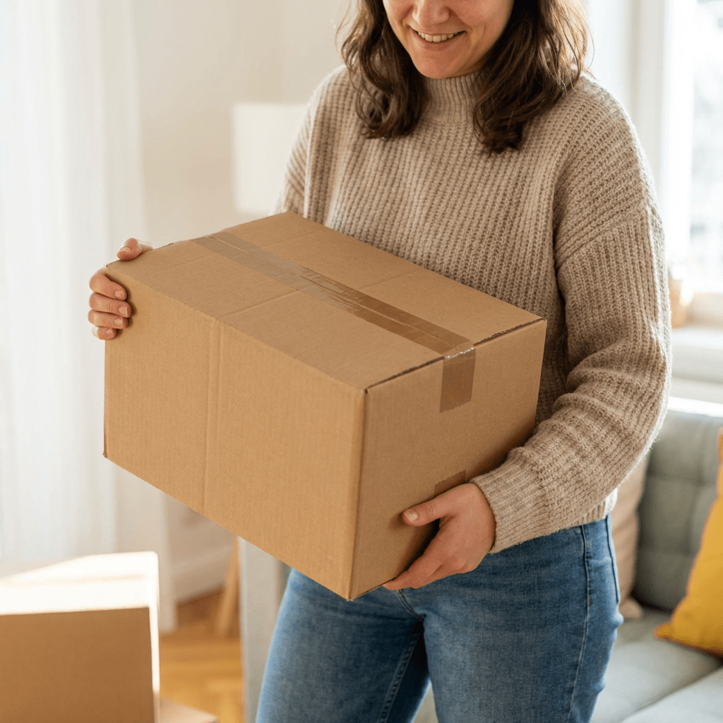A smiling woman in a knitted sweater holding a sealed cardboard box.