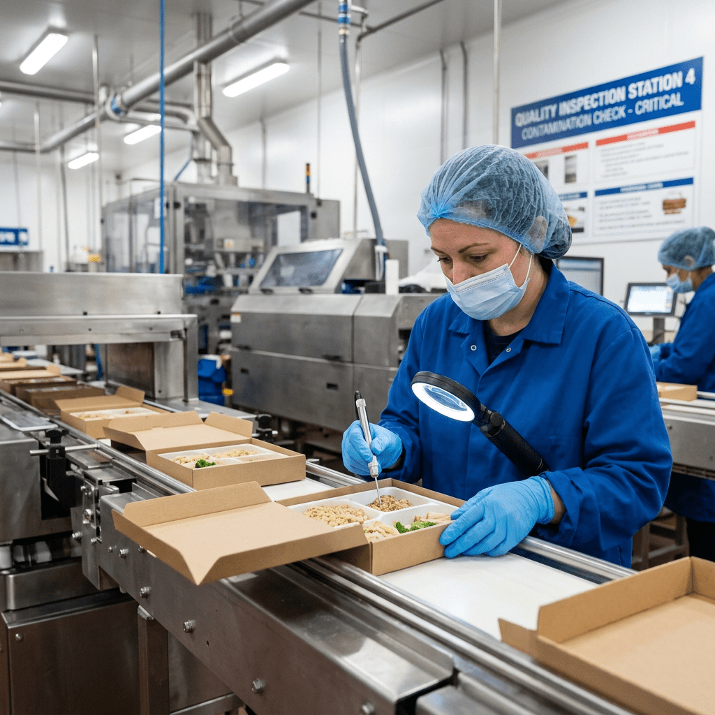 Factory worker wearing protective gear inspecting food trays on a conveyor belt
