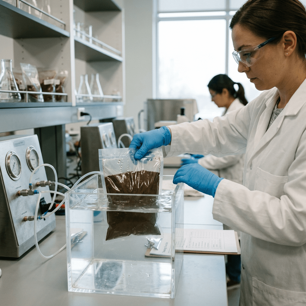 Scientist holding a sealed soil sample bag partially submerged in clear water inside a laboratory tank