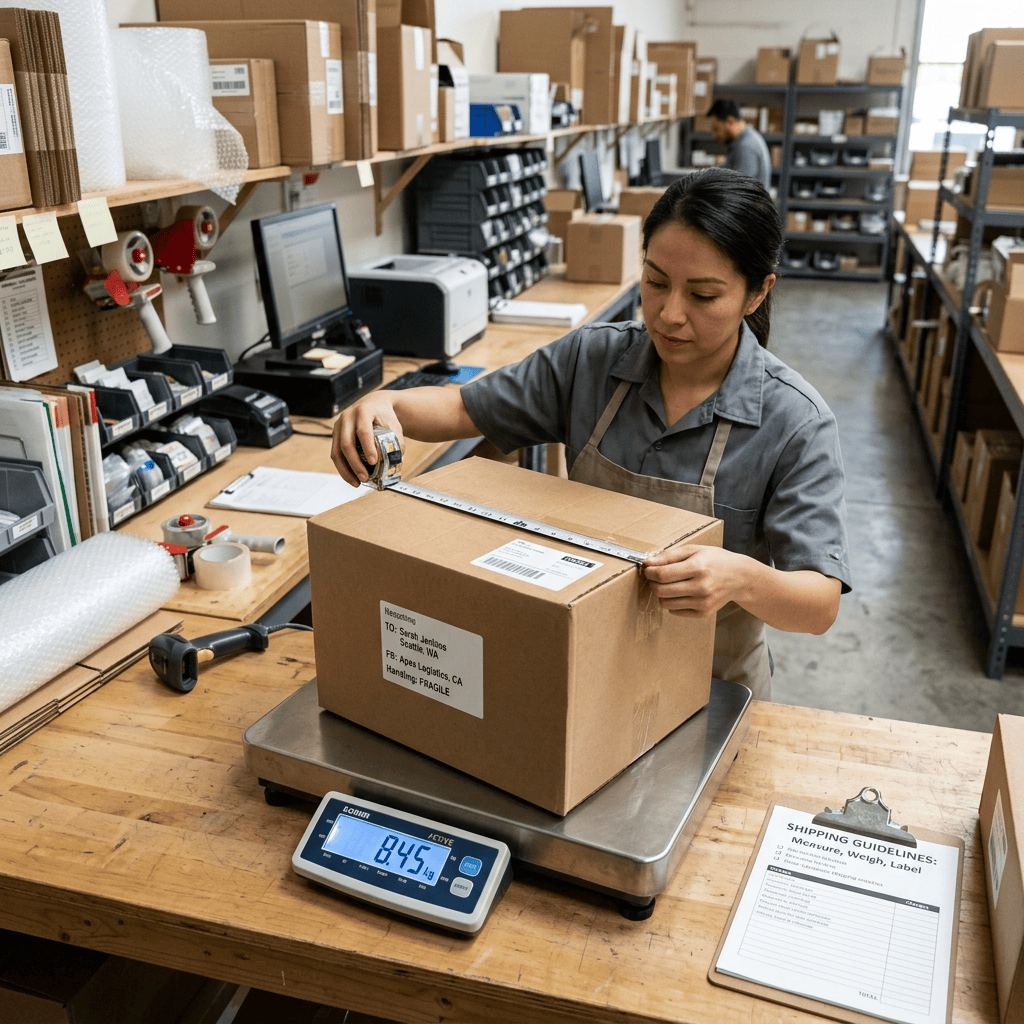 Worker measuring a cardboard shipping box on a digital scale