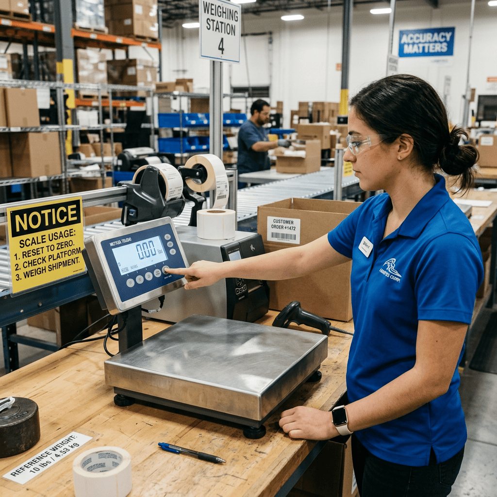 Worker using digital scale at Weighing Station 4; signs read "ACCURACY MATTERS" and "NOTICE SCALE USAGE: 1. RESET TO ZERO. 2. CHECK PLATFORM. 3. WEIGH SHIPMENT."